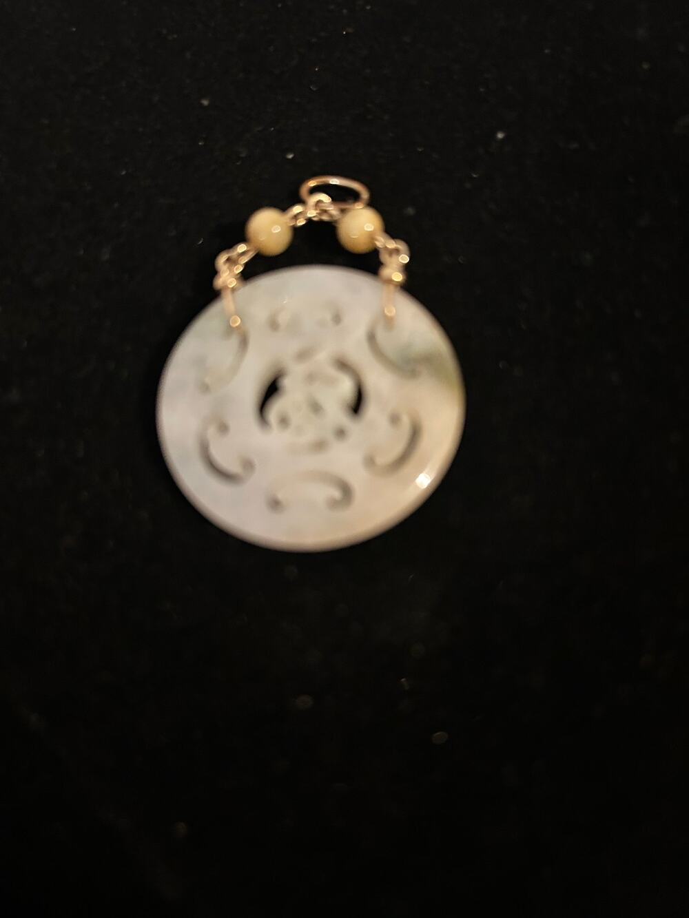 Carved Light Green Jade Pendant 1.5 Inch Round Medallion Charm Gold Tone Bail
